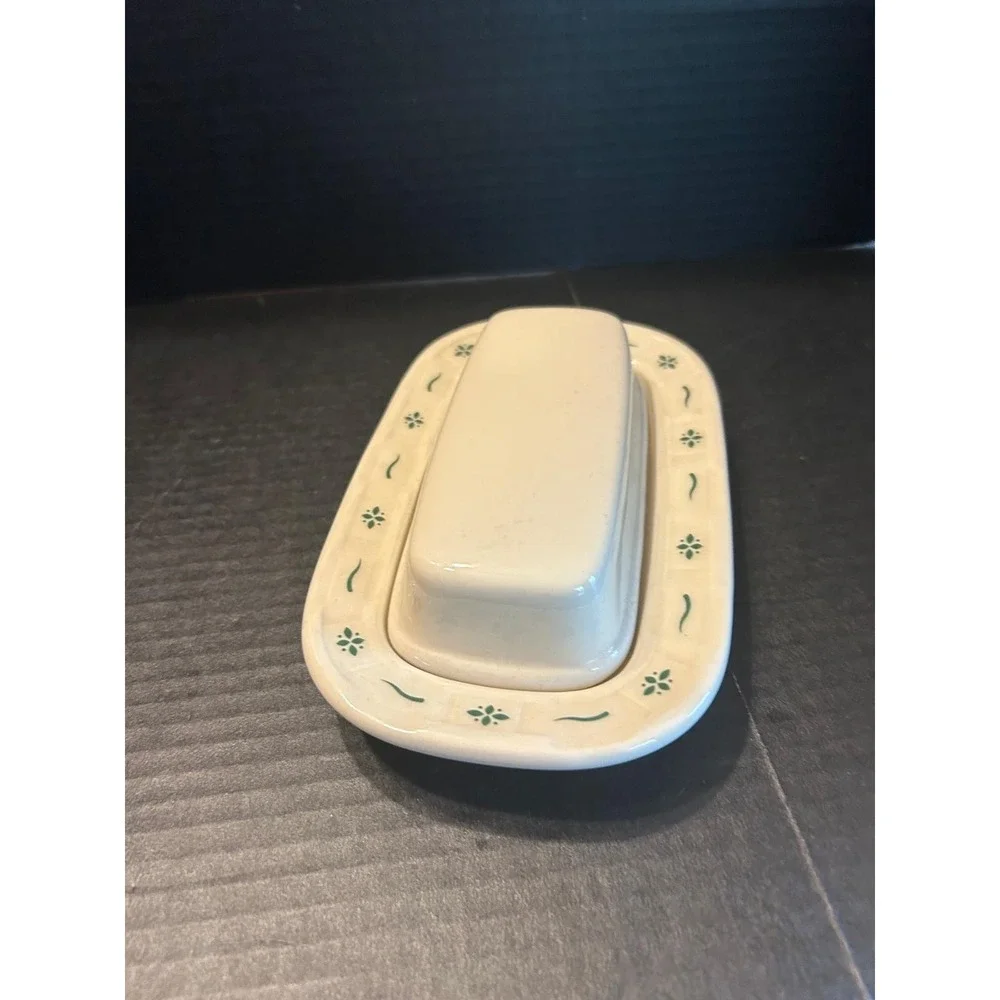Longaberger Pottery Woven Traditions Ivory/Green Butter Dish USA